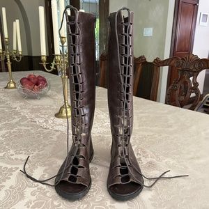 Urban Outfitters Knee High Lace-up Sandal Boot, Brown Leather, Size US 8